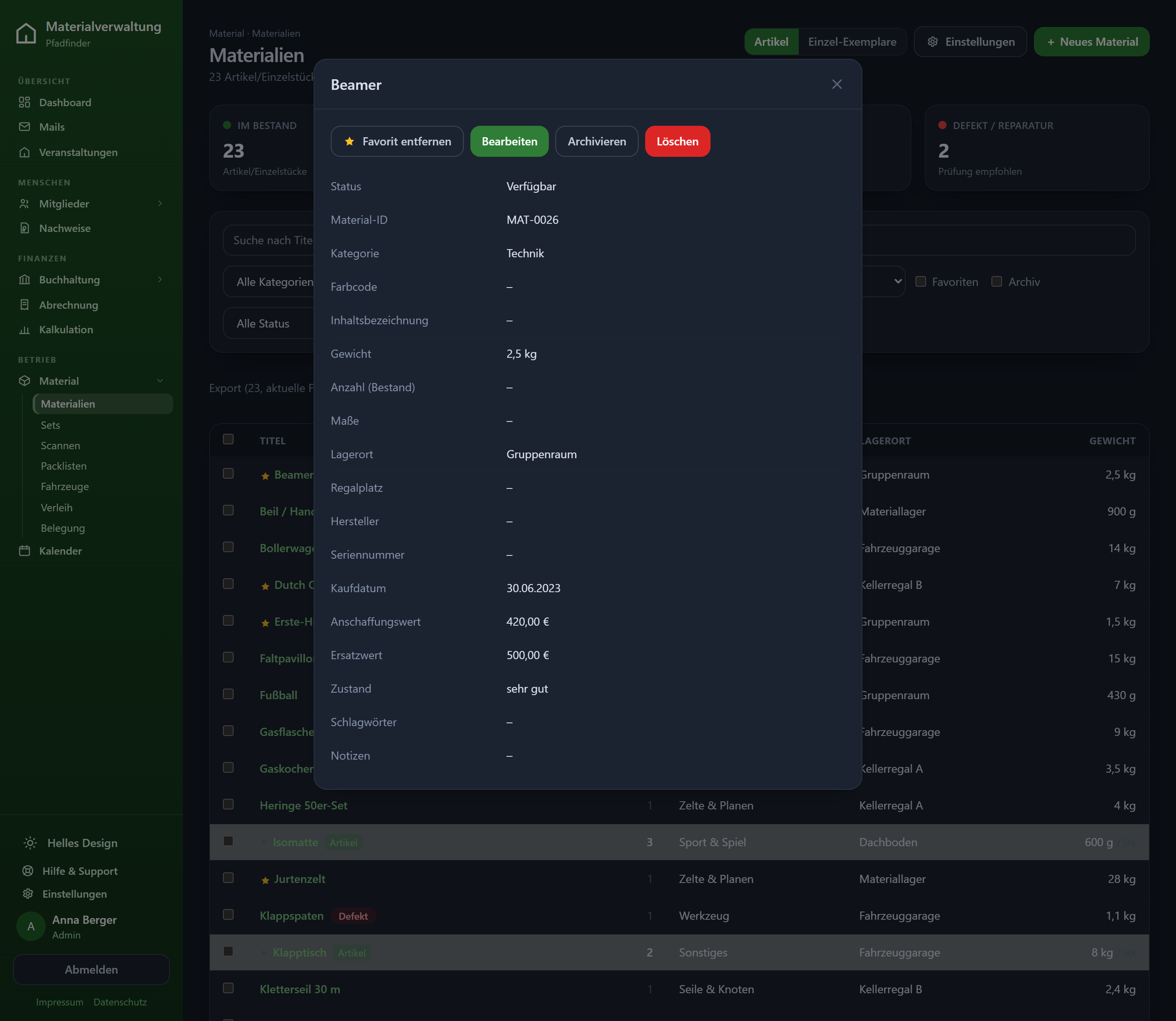 Detailansicht eines Materials als Dialog
