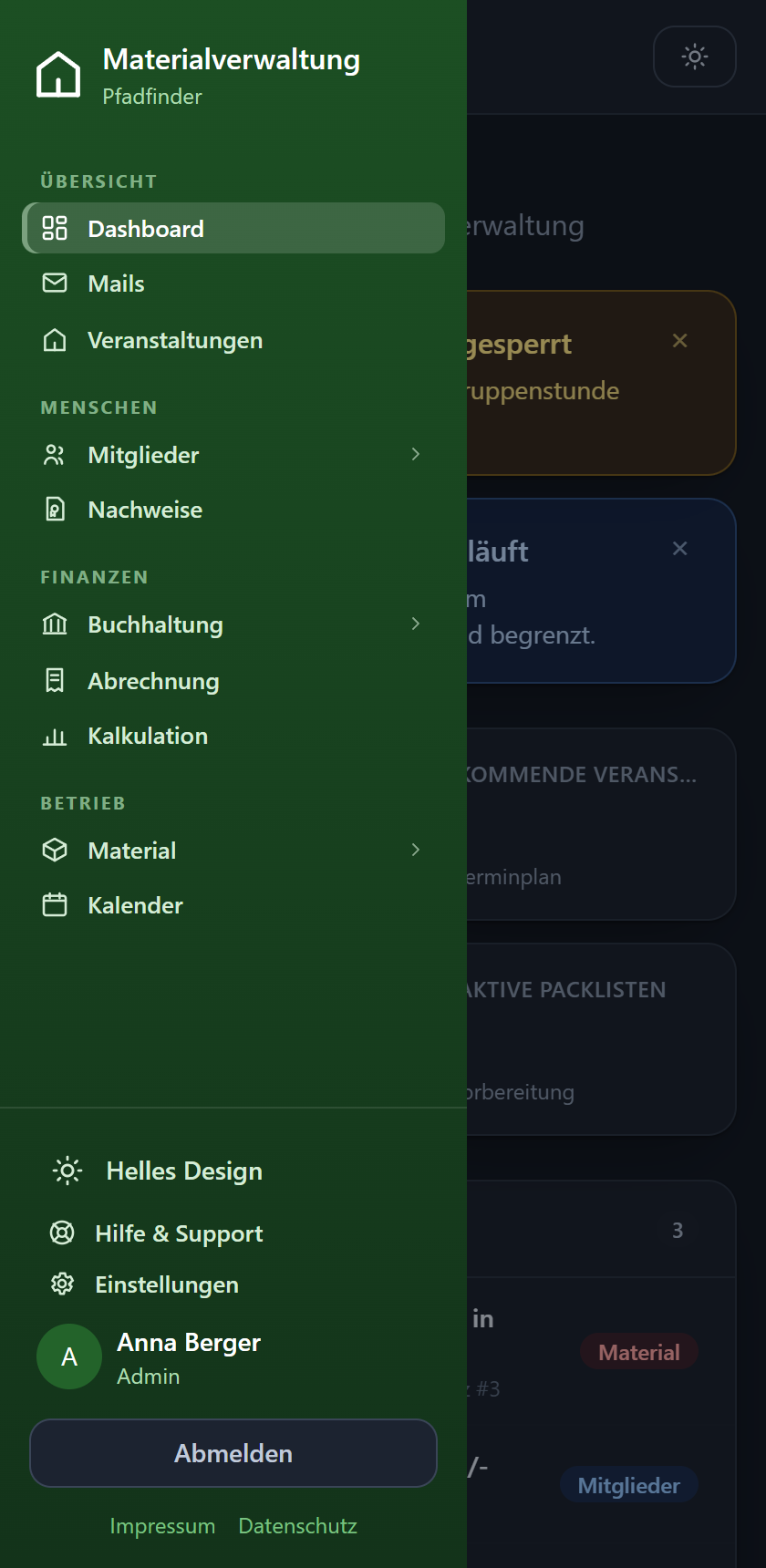 Mobile Ansicht mit ausgeklapptem Menü