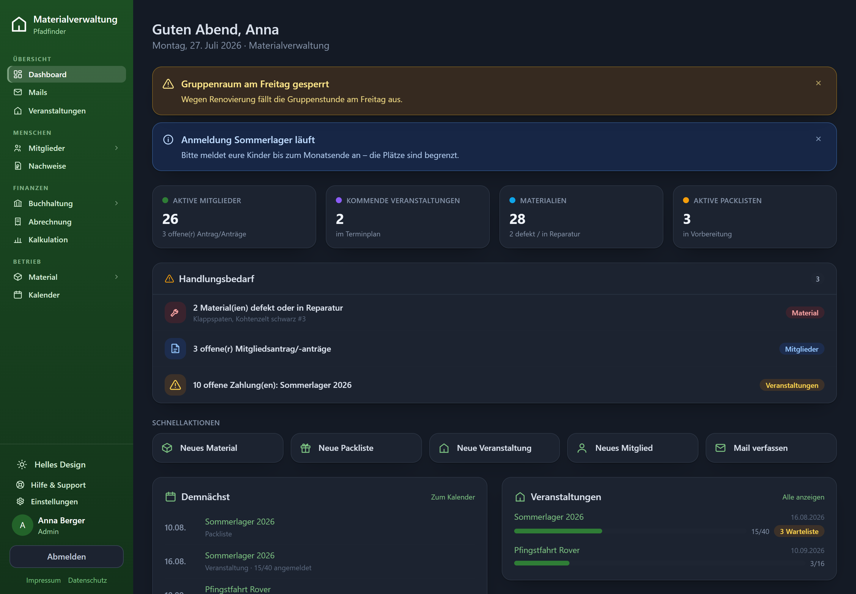 Gesamtansicht mit Seitenleiste und Dashboard